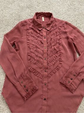 Free People Raspberry Ruffle Tuxedo Blouse Sheer Chiffon Boho Top Size M